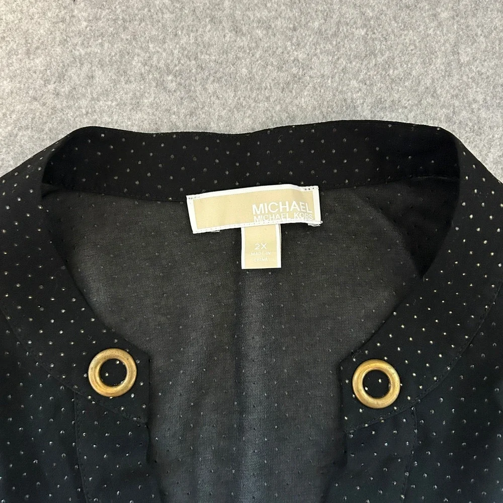 Michael Kors Size 2X Black Dot Sheer Blouse Top Gold Metallic‎ Grommet